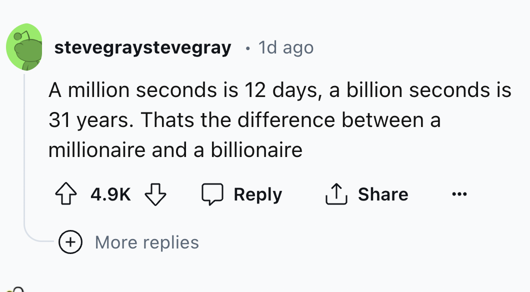 number - stevegraystevegray 1d ago A million seconds is 12 days, a billion seconds is 31 years. Thats the difference between a millionaire and a billionaire More replies